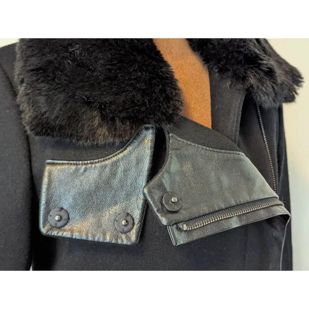 Via Spiga Wool Faux Fur Asymmetrical Full Zip Black Long Coat Jacket Sz 2 - Picture 4 of 11